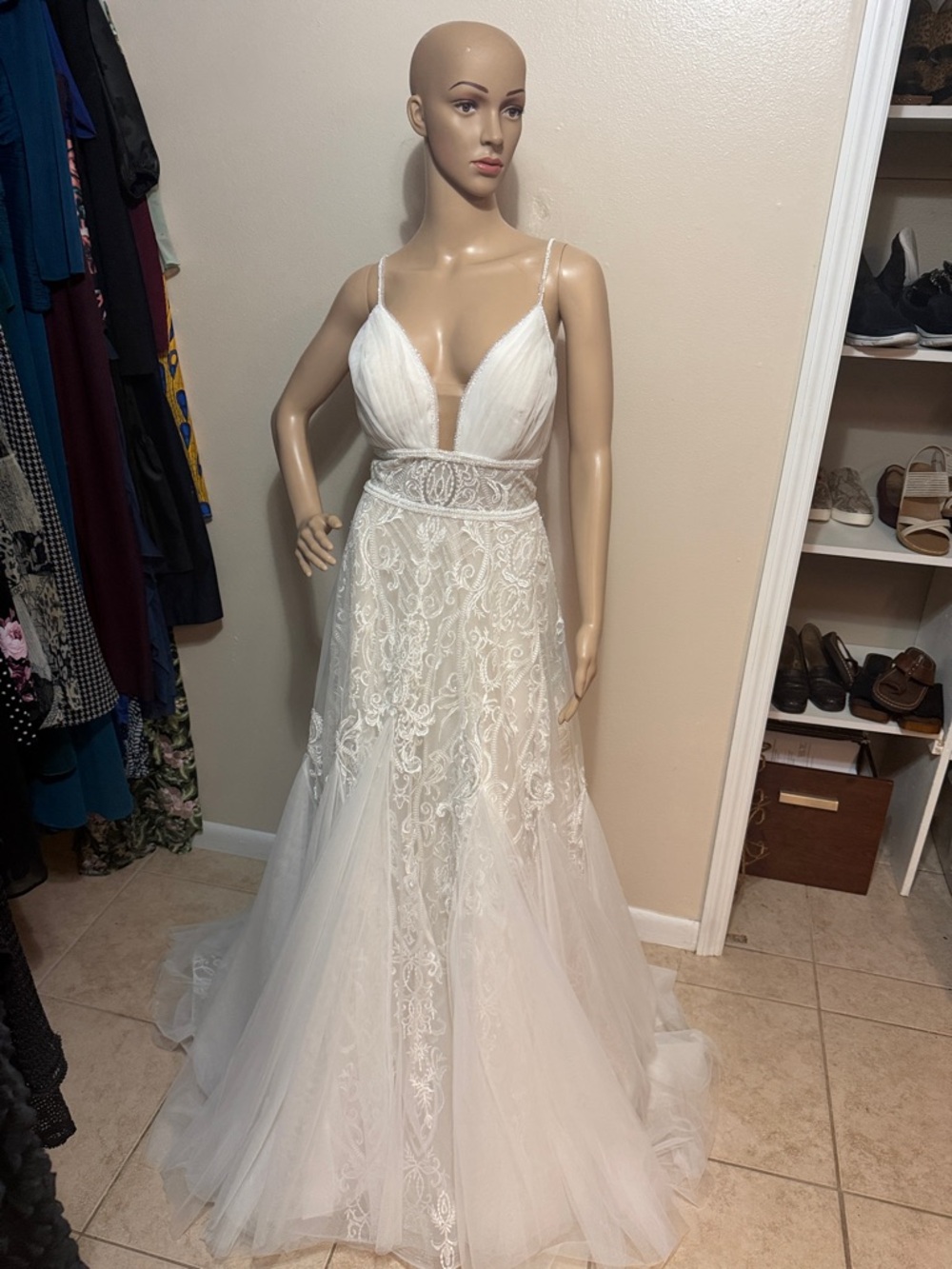 Designer Ida Torez Elegant Lace Tulle Wedding Gown with Plunging V-Neckline
